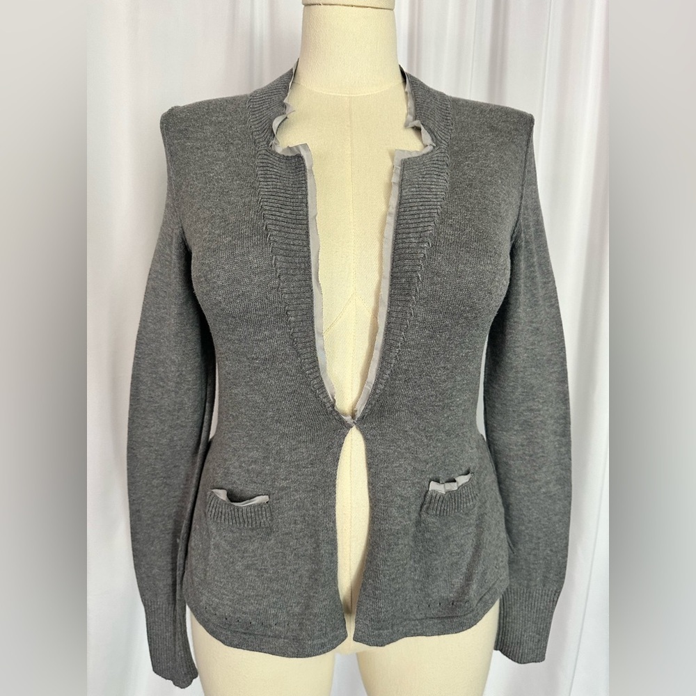 Banana Republic Gray Knit Cardigan | Ruffle Trim | Size M (1223) - Picture 2 of 11